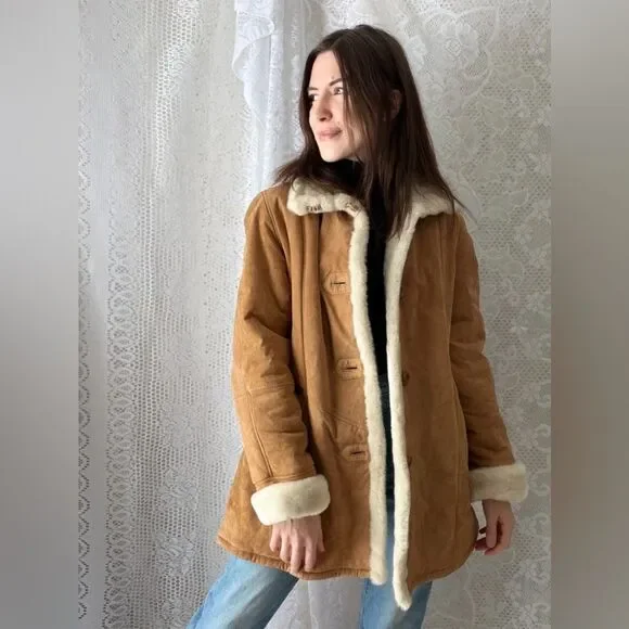 Vintage 90s Faux Shearling Gallery Caramel Winter Coat Warm Lined Medium - Picture 4 of 12